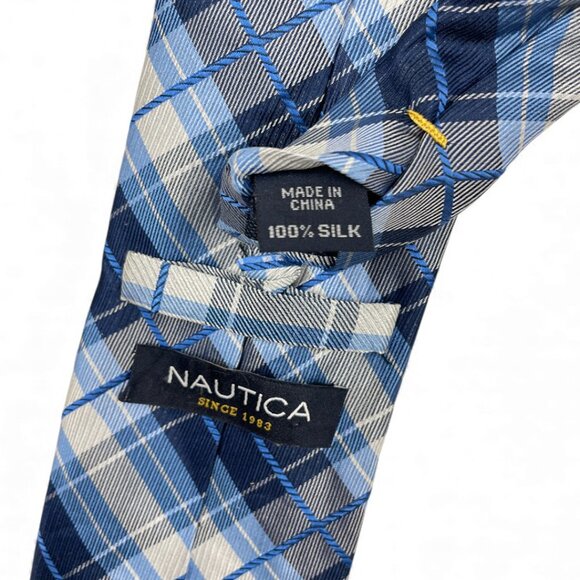 Nautica silk Tie Blue White Gray Plaid Tartan - Picture 4 of 6
